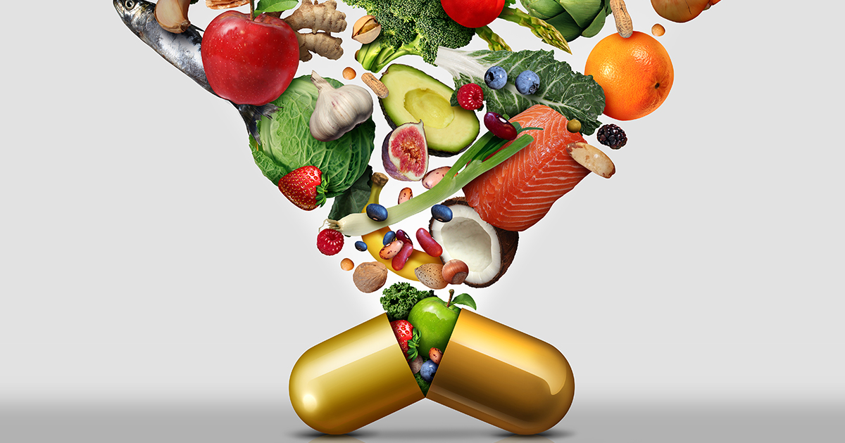 Vitamin,Dietary,Supplement,As,A,Capsule,With,Fruit,Vegetables,Nuts